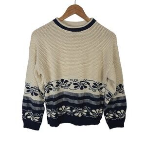 Picket and Post Vintage Womens Petite Floral Knit Sweater Cream Navy Blue USA